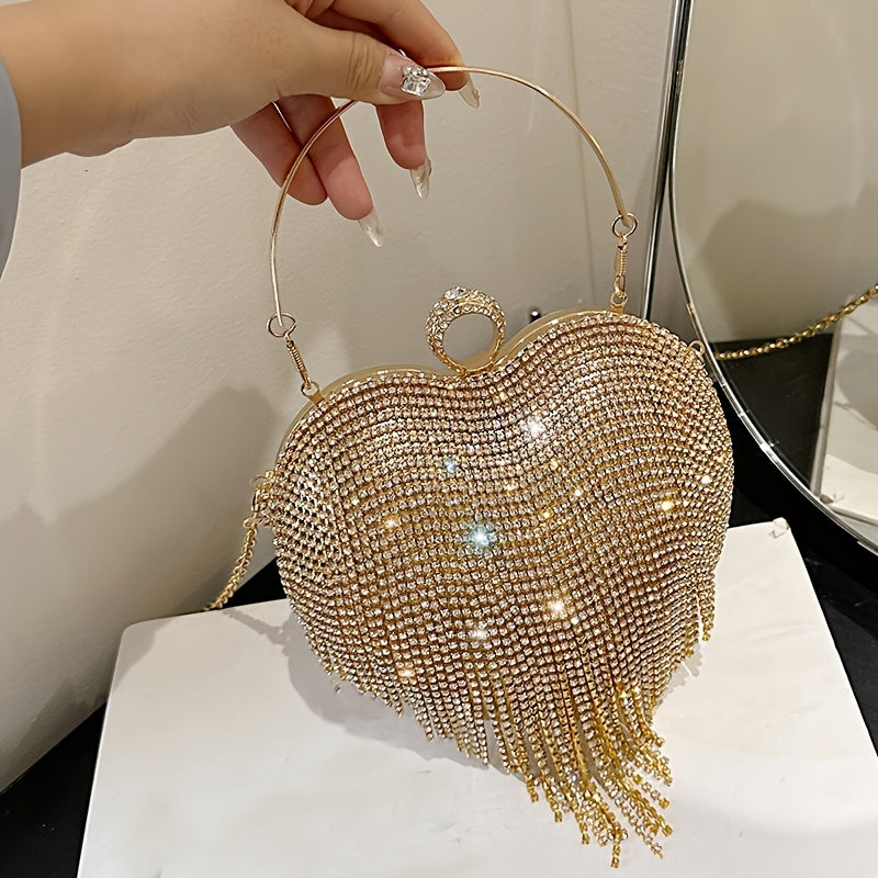 Elegant Heart-Shaped Rhinestone Evening Clutch with Tassel, Lightweight Acrylic Party Handbag with Removable Strap, Buckle Closure, Rayon Lined, No Pattern Design for Valentine'S Day
